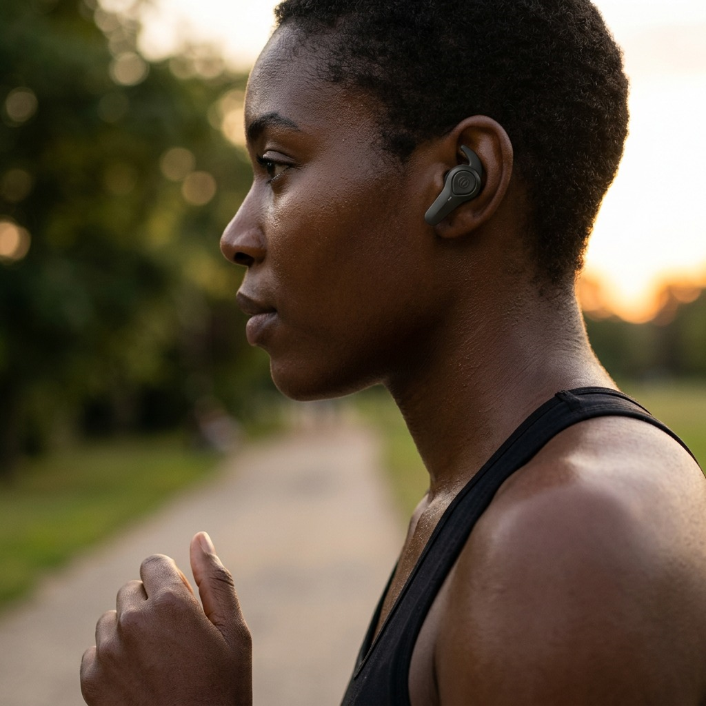 A person runs in a blurred park setting, the Wicked Audio Axoma earbud clearly in place, highlighting stability.