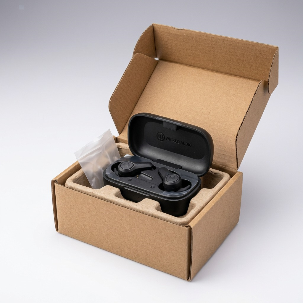Wicked Audio Axoma Black earbuds and case securely packaged in a protective cardboard shipping box.