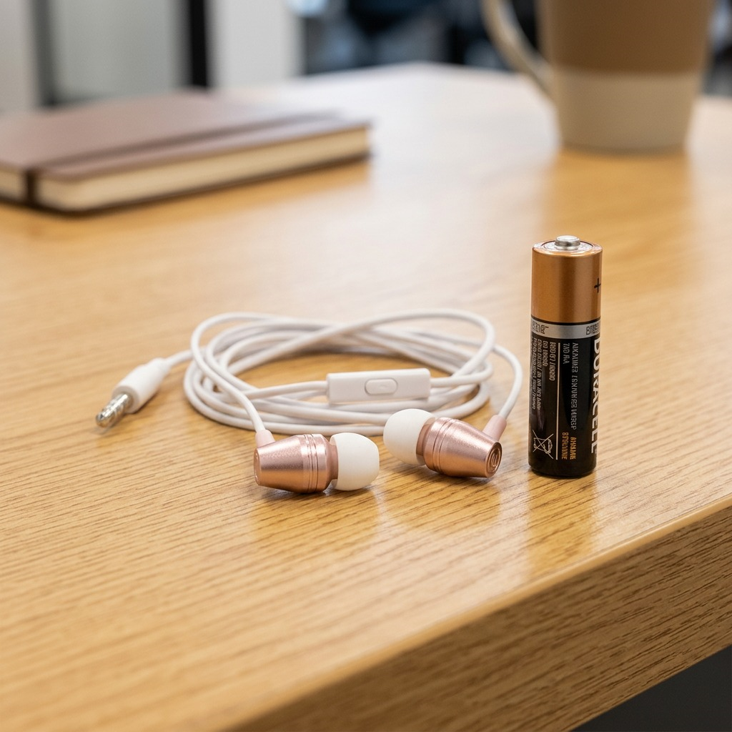 A photo of Wicked Audio rose gold earbuds next to an AA battery on a desk, showing scale.