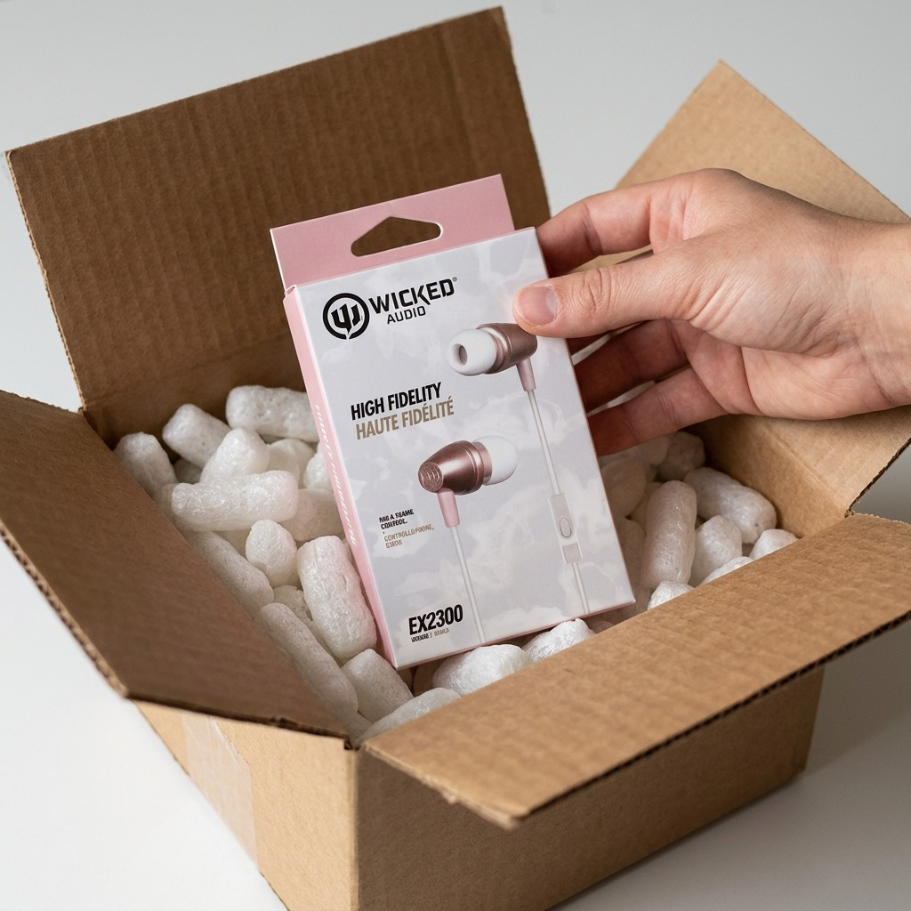 Wicked Audio EX2300 earphones (pink/rose gold) are lifted from protective shipping materials in this realistic unboxing scene.