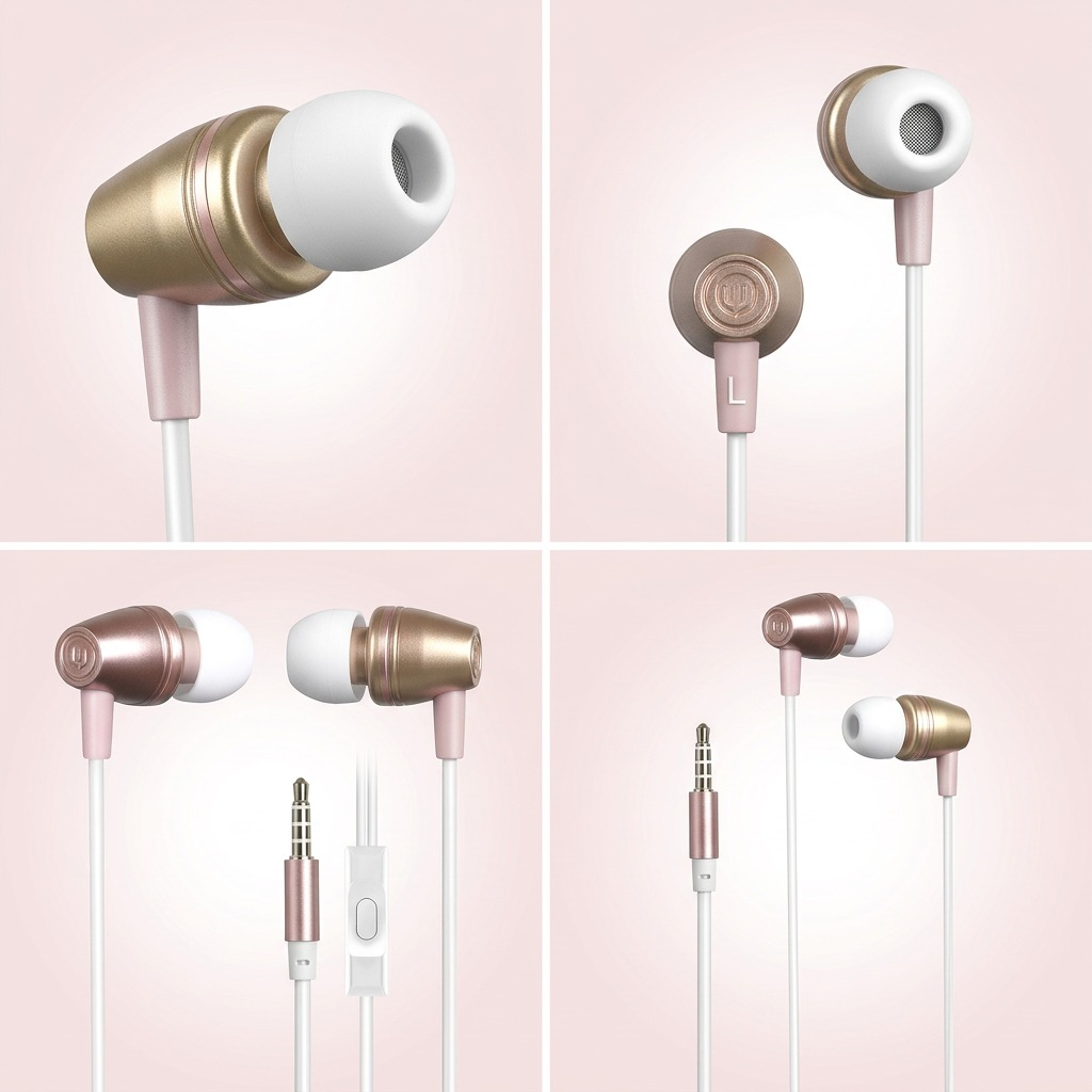 PDP visual matrix showing three Wicked Audio Wired EX2300 Earbuds (Rose Gold) in various distinct angles and viewpoints.