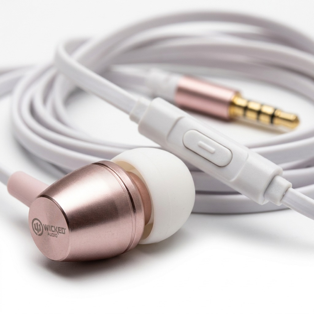 Extreme macro view of rose gold Wicked Audio earbuds, inline control, and gold-plated jack.