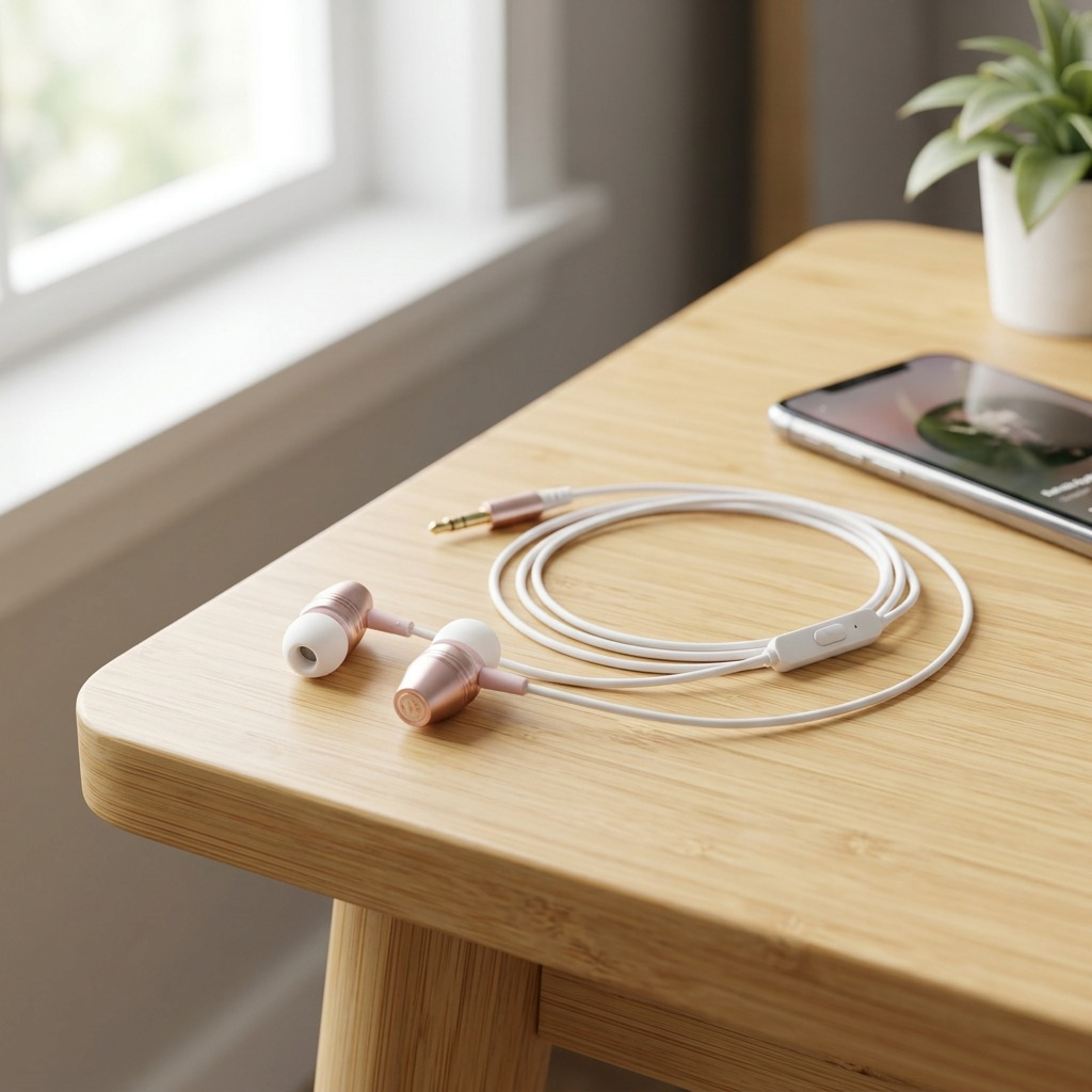 High-resolution photo of Wick Audio EX2300 in-ear headphones in rose gold metal with white ear tip and cable, lying dynamically on a clean, light grey linen-textured surface under natural window light.