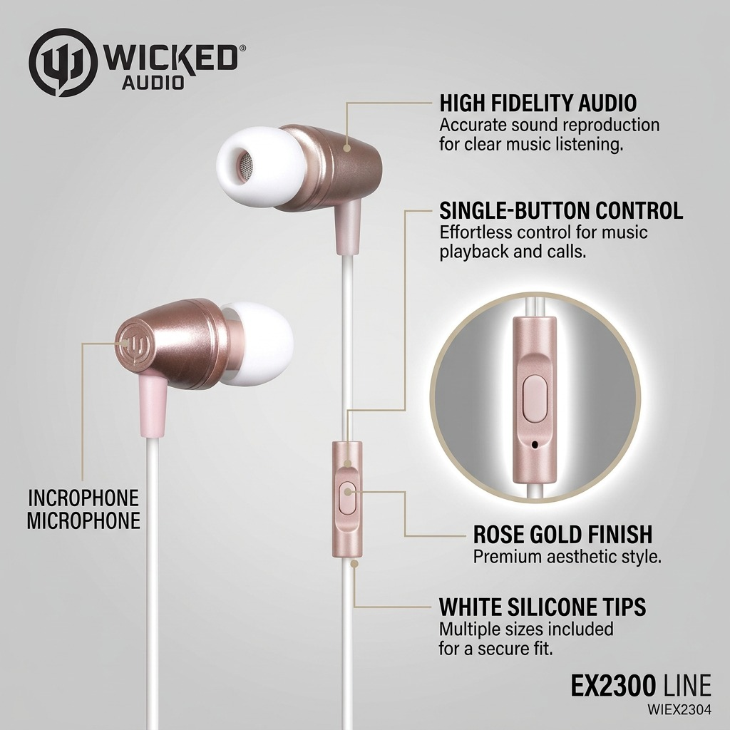 Product graphic shows callouts for Rose Gold EX2300 earbuds: single-button mic, high fidelity audio, precise controls, white silicone tips.