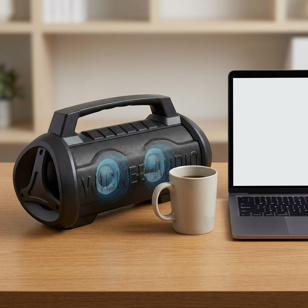 A product image of the Wicked Audio Growl XL speaker on a desk with a laptop and a coffee mug for size.
