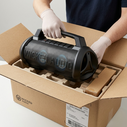 The Wicked Audio Growl XL speaker is safely removed from a secure, foam-lined unboxing carton.