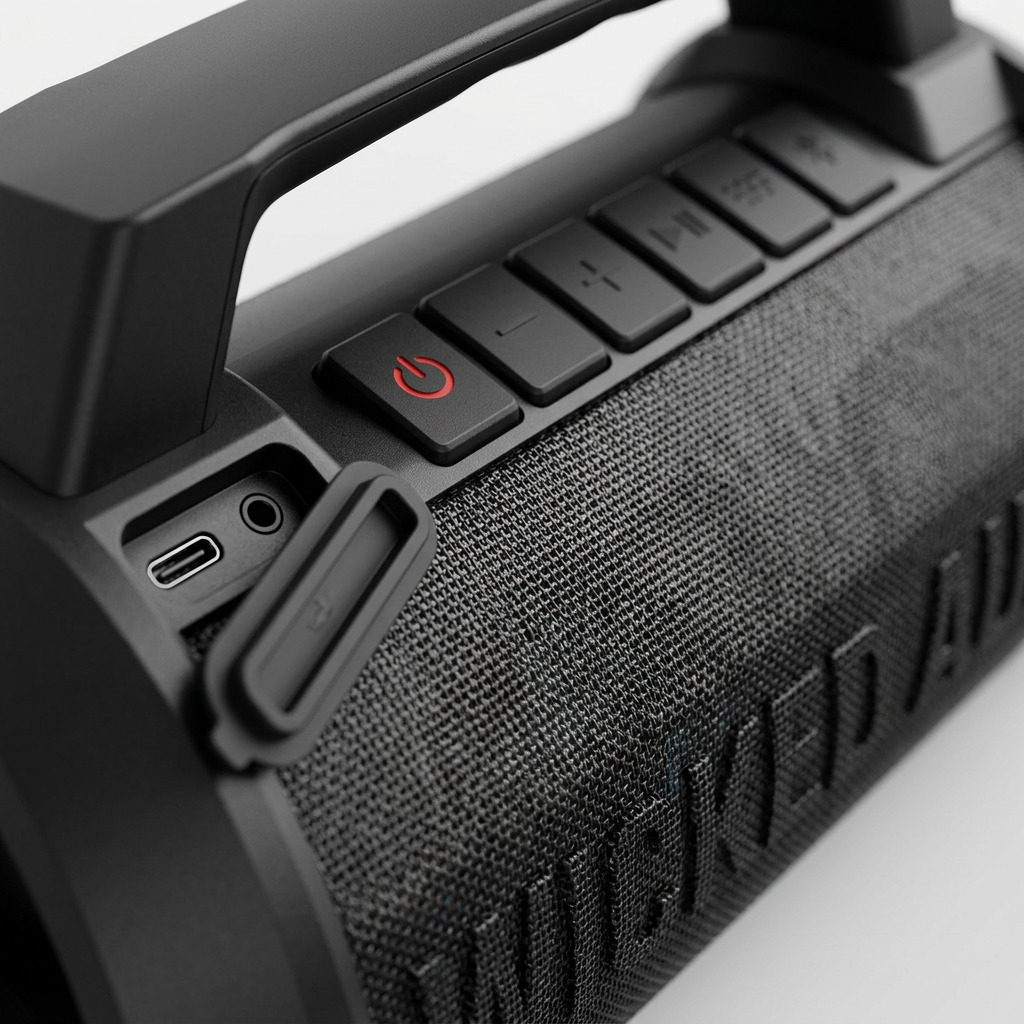 Macro detail shot of the control buttons and rugged fabric on the Wicked Audio Growl XL speaker.