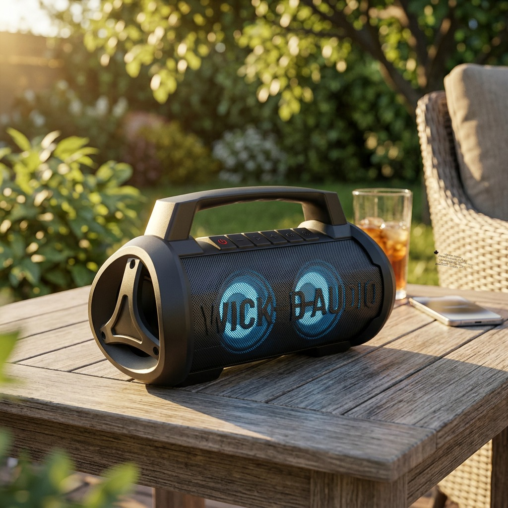 Wicked Audio Growl XL Party Speaker in a backyard setting