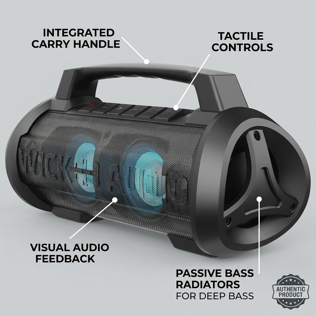 Feature callout graphic of the Wicked Audio Growl XL speaker showing the handle, controls, and passive radiators.
