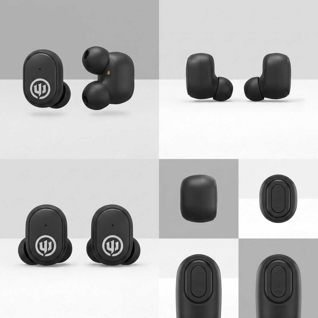 A grid showing multiple views of the Wicked Audio Embr wireless earbuds, focusing on product features.