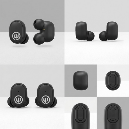 A grid showing multiple views of the Wicked Audio Embr wireless earbuds, focusing on product features.