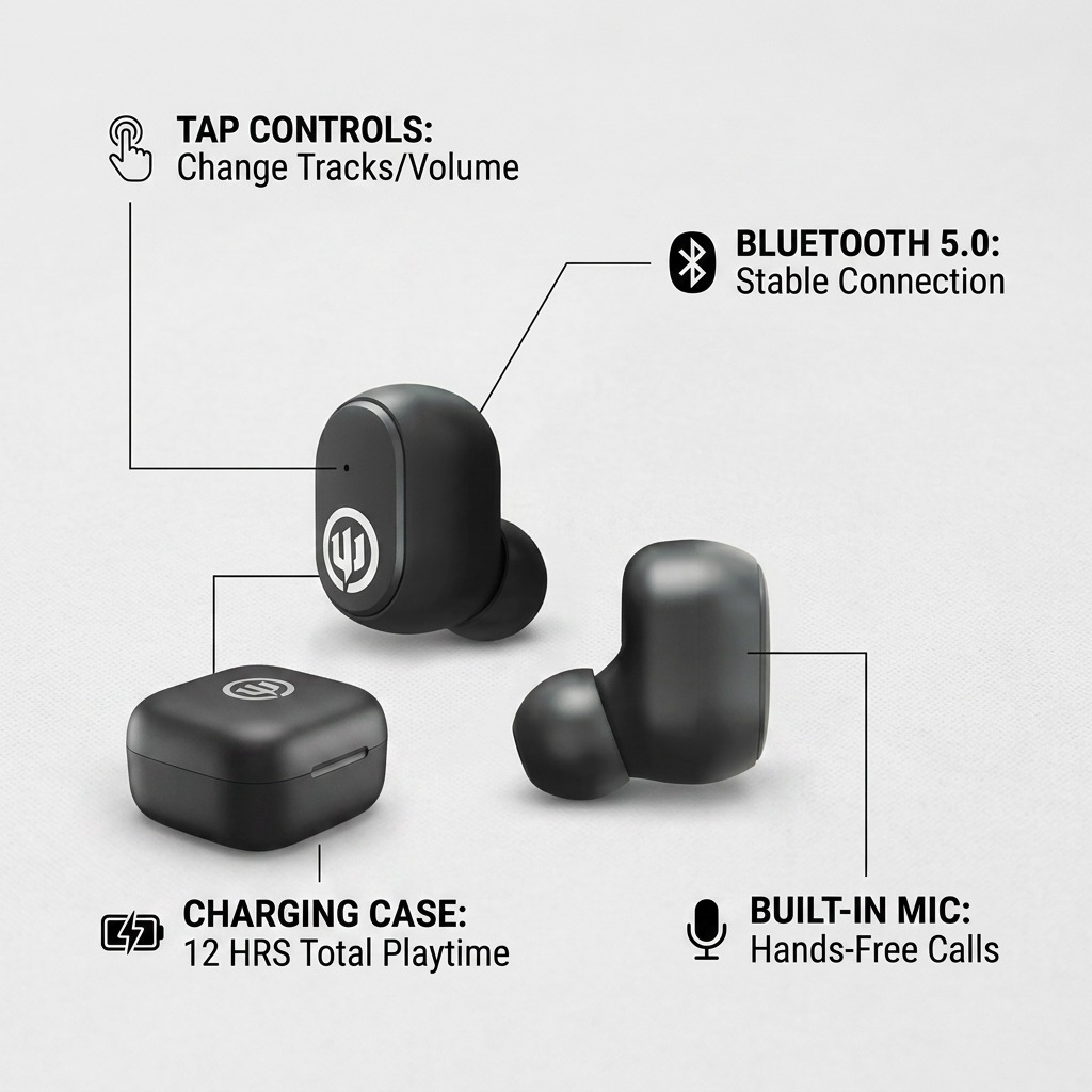 Feature callout image for Wicked Audio Embr TWS earbuds and case, highlighting key functions.
