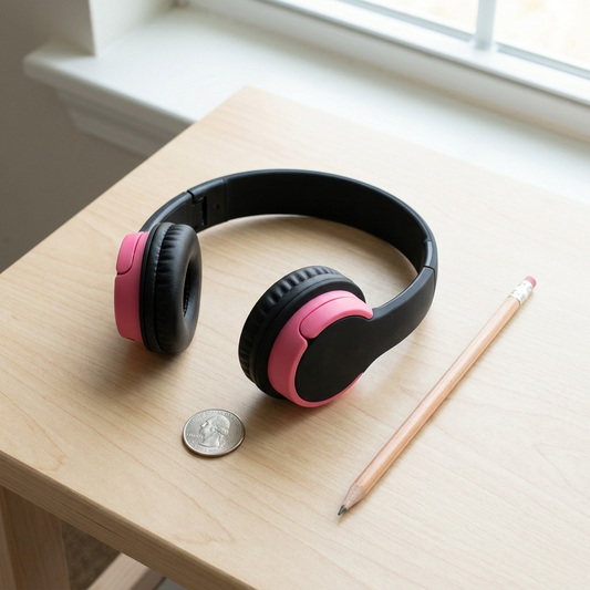 Photo matrix showing headphones next to a US quarter. Correct size comparison relative to the coin.