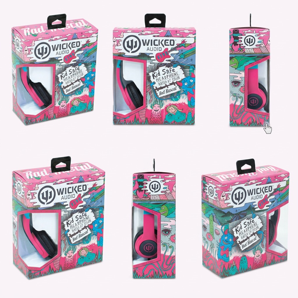 A grid showing five instances of the Wicked Audio "Rad Rascal" pink kids' headphone packaging from different angles.