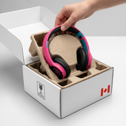 A realistic visual of the bubblegum pink Wicked Audio headphones nestled in protective recycled pulp packaging within a plain shipping box, demonstrating safe delivery.