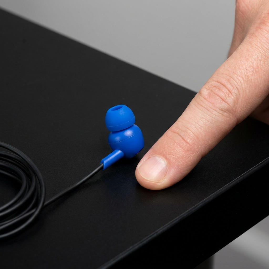 A PDP visual matrix showing the Wicked Audio Brawl Earbud (Deep Sea) placed on a clean desk beside a realistic human fingertip for scale, demonstrating its small size.