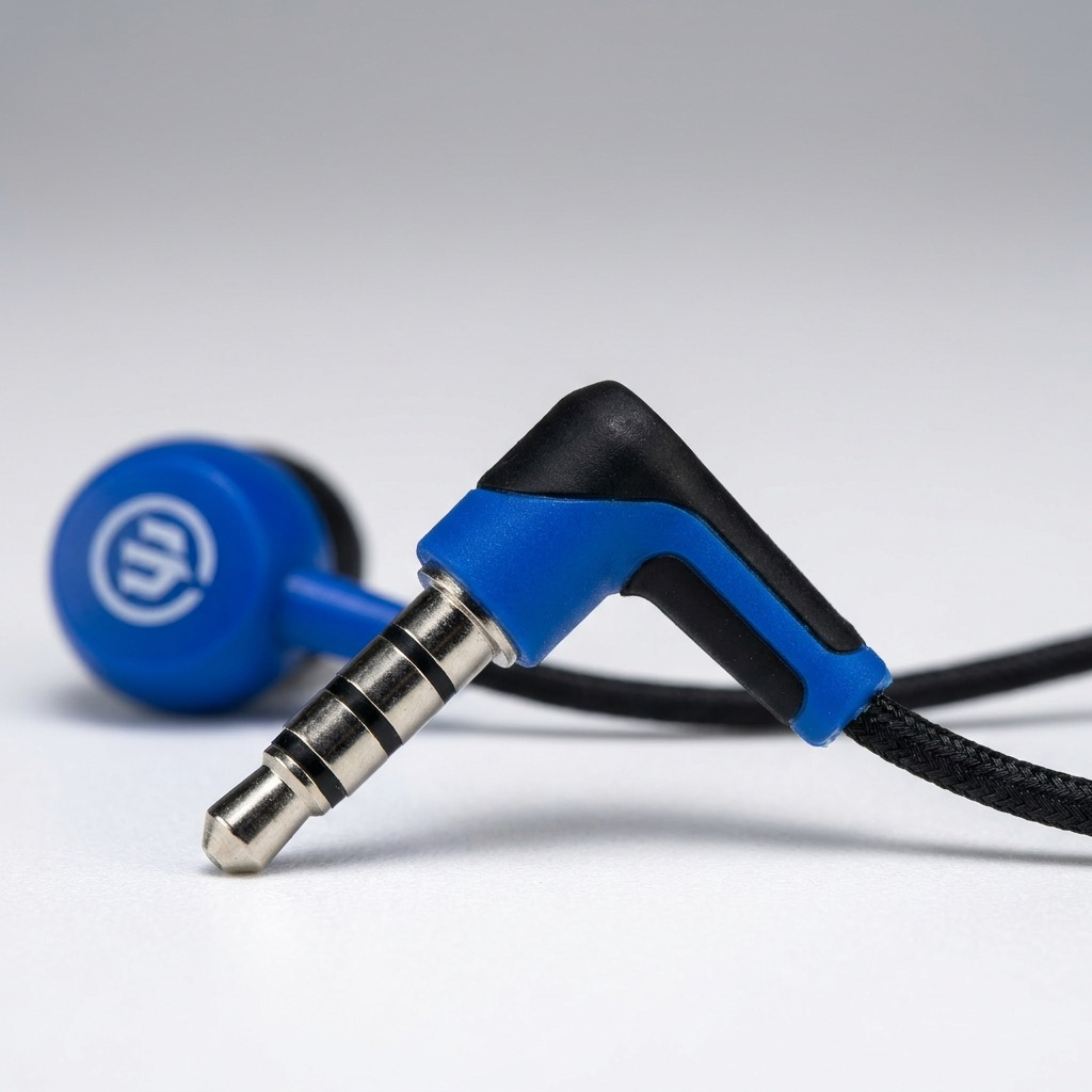 Macro close-up of blue Wicked Audio Brawl earbuds: precise 45-degree angle stereo jack, textured cable.