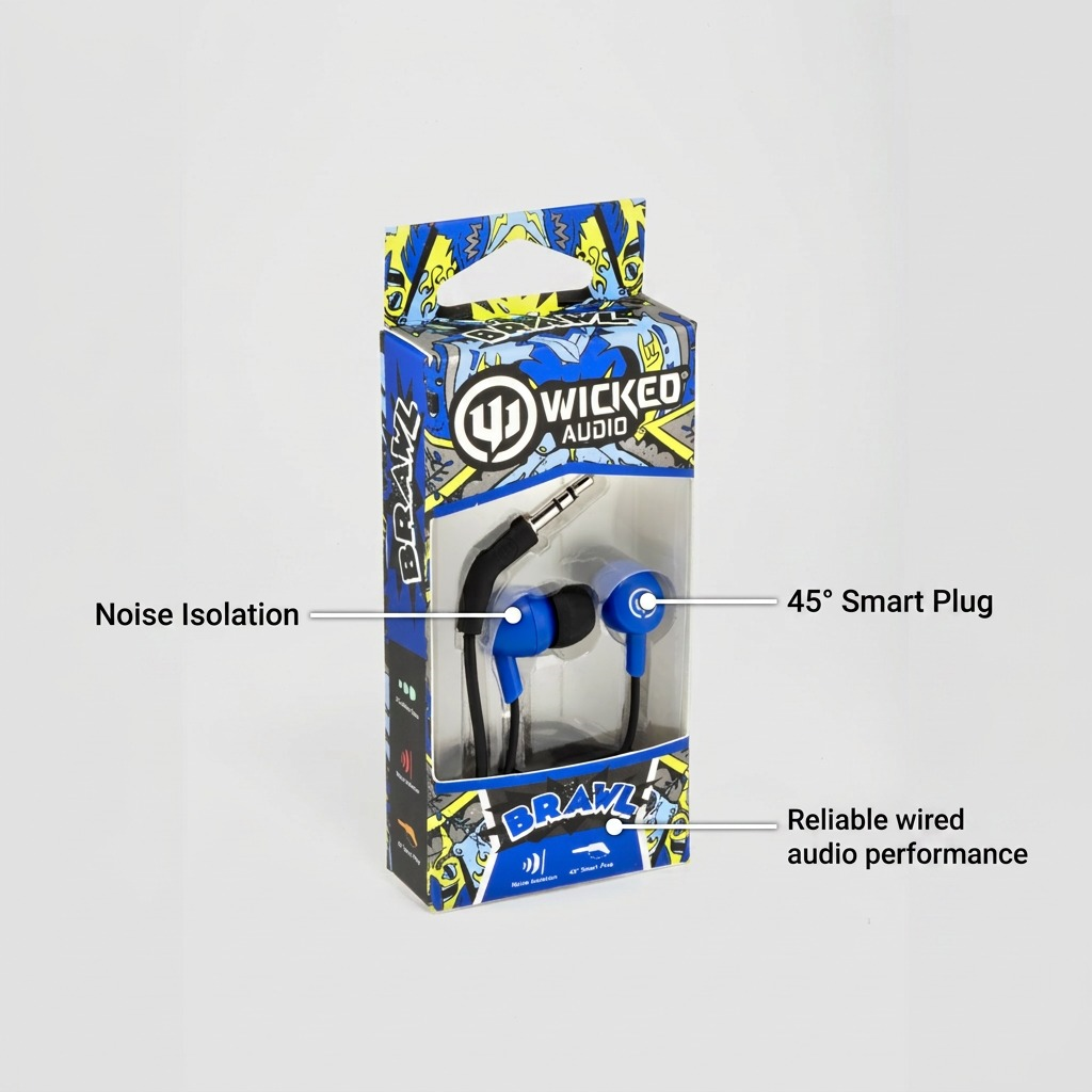 Feature callout graphic of the Wicked Audio Brawl Deep Sea earbud packaging, highlighting noise isolation and durable build.