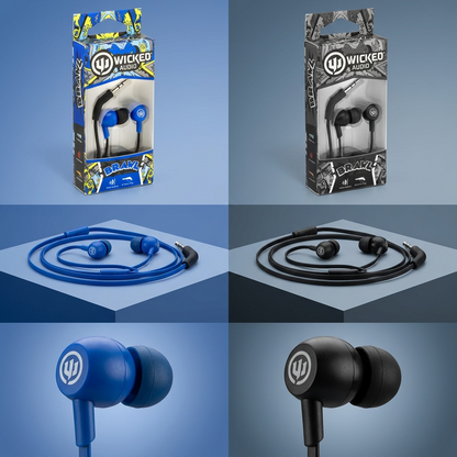 A 3x2 matrix showing the blue and black Wicked Audio Brawl earbuds in box, out of box, and close-ups, against a branded blue and grey gradient background.