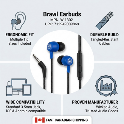 Infographic for Wicked Audio Brawl earbuds, highlighting specifications, compatibility, and manufacturer trust.