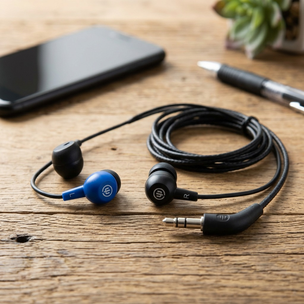 A pair of Wicked Audio Brawl earbuds in Deep Sea, showcasing the L/R markings and the 4.5V smart plug on a neat desk.