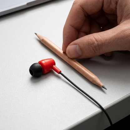 A closeup view of the red Wicked Audio wired earbud lying on an open notebook with a standard wooden pencil next to it for scale.