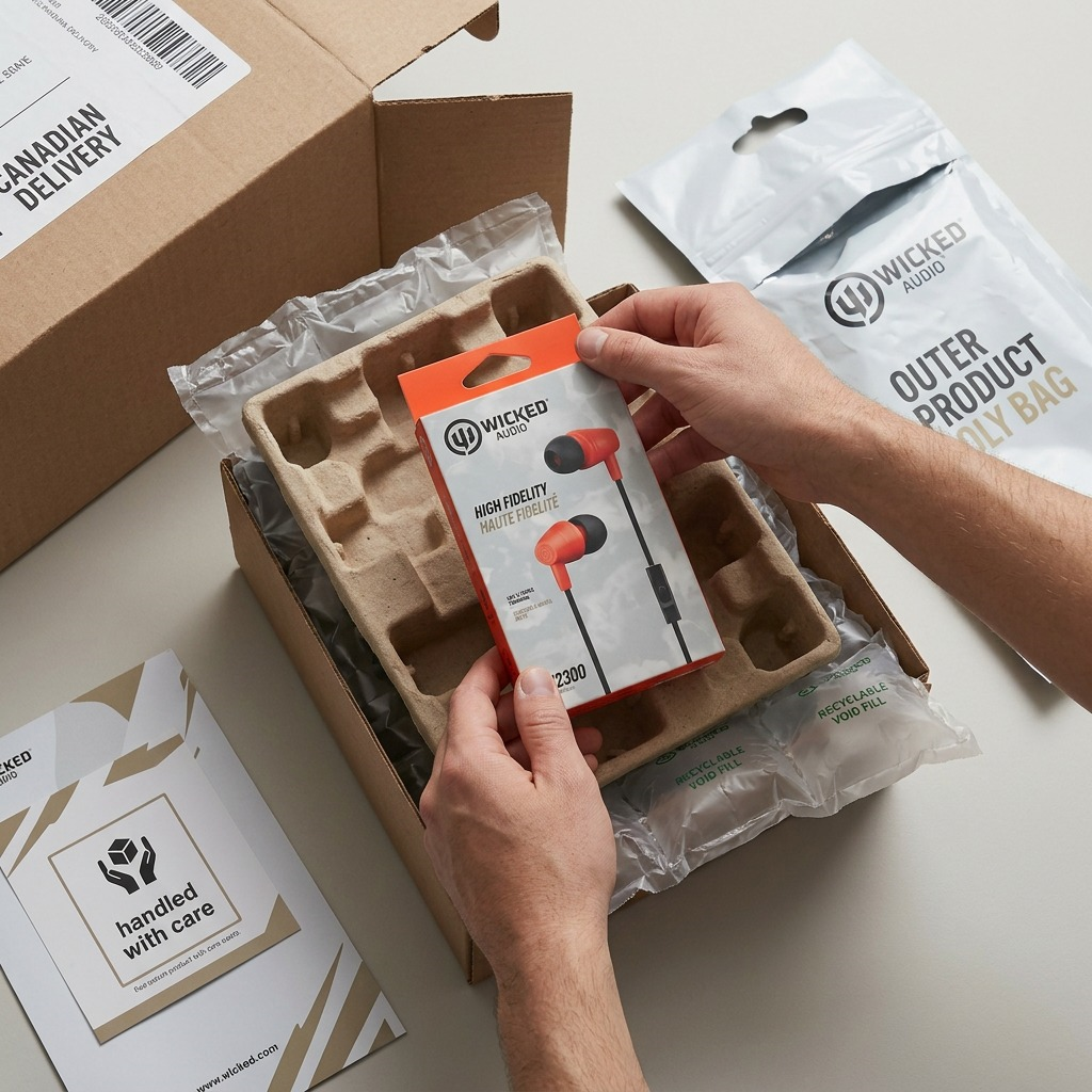 Inside a protected delivery carton, the Wicked Audio EX2300 earbuds in their secure orange and gray retail packaging rest safely on a bed of folded, recyclable kraft paper void fill, accompanied by a quick-start guide and packed air pillows. A hand carefully lifts the retail box.