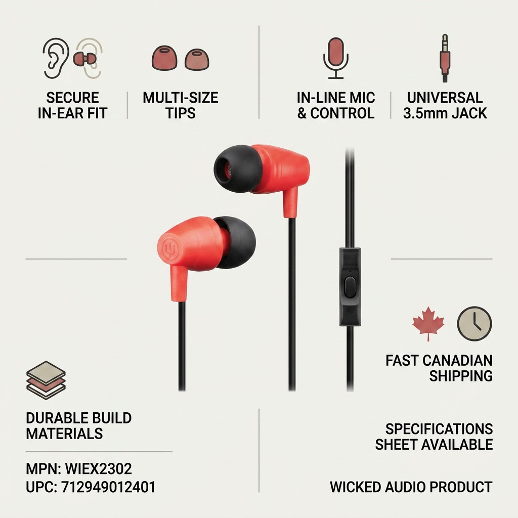 Infographic on Wicked Audio WIEX2302 earbuds, detailing features, build, and fast Canadian shipping.