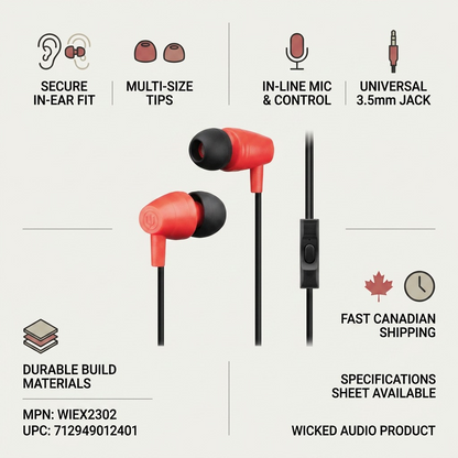 Infographic on Wicked Audio WIEX2302 earbuds, detailing features, build, and fast Canadian shipping.