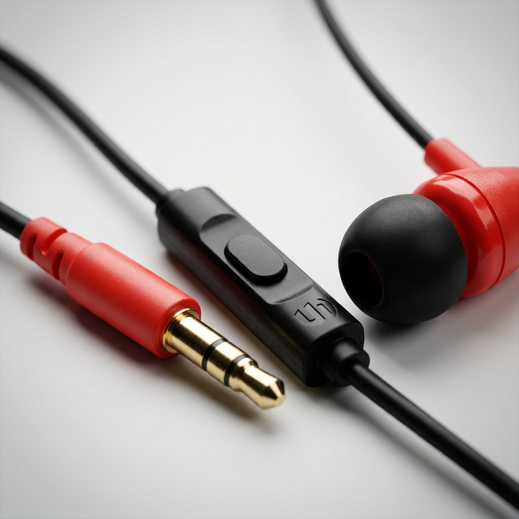 Closeup of Wicked EX2300 earbuds detailing red finish, gold jack, and black microphone