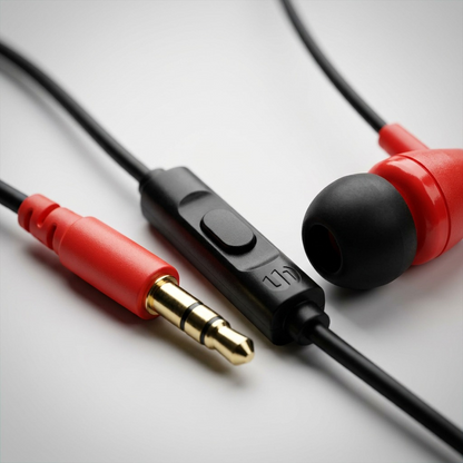 Closeup of Wicked EX2300 earbuds detailing red finish, gold jack, and black microphone