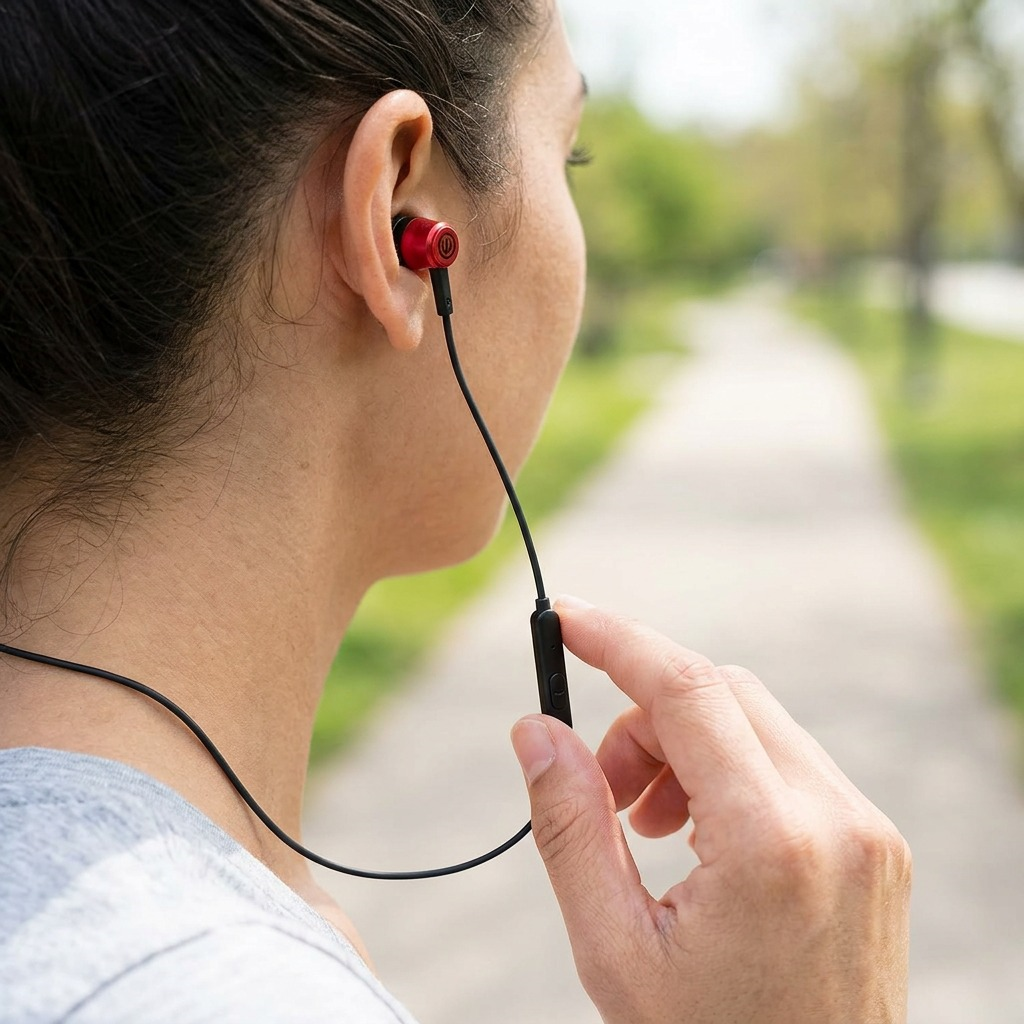 A detailed lifestyle photograph showing a person outdoors, on a jog, wearing the Wicked Audio red wired earbuds and making hands-free calls using the inline mic and control button.