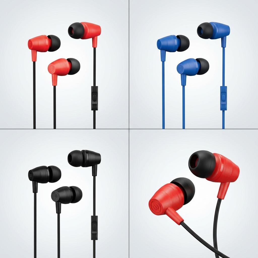 Product matrix shows red, blue, and black Wicked Audio EX2300 earbuds in clean grid layout.