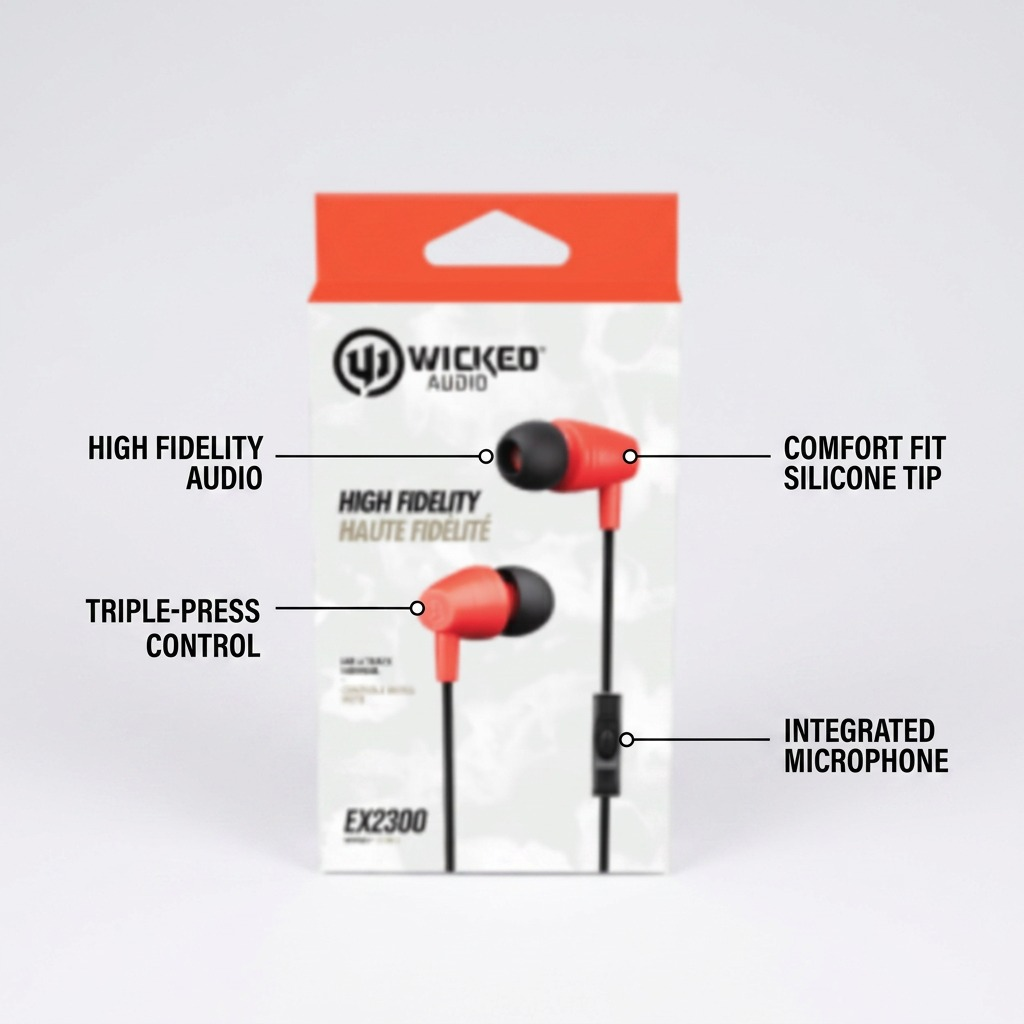Wicked Audio EX2300 red earbuds packaging feature callout: high fidelity and multi-press control.