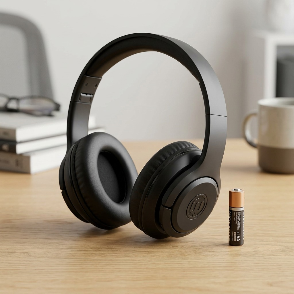 A pair of Wicked Audio Hum 500x over-ear headphones on a desk next to a standard AA battery for scale.