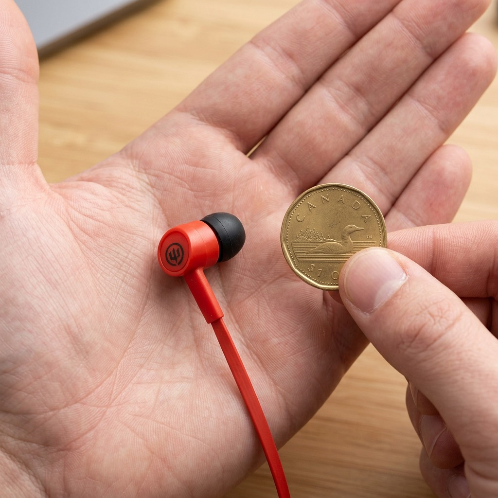 A Wicked Audio HavoK earbud rests on a hand, comparing its true size to a person's thumb.