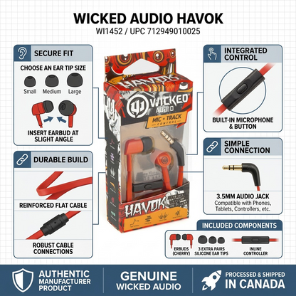 Wicked Audio Havok trustworthiness infographic highlighting fit, build, mic controls, and Canadian shipping.