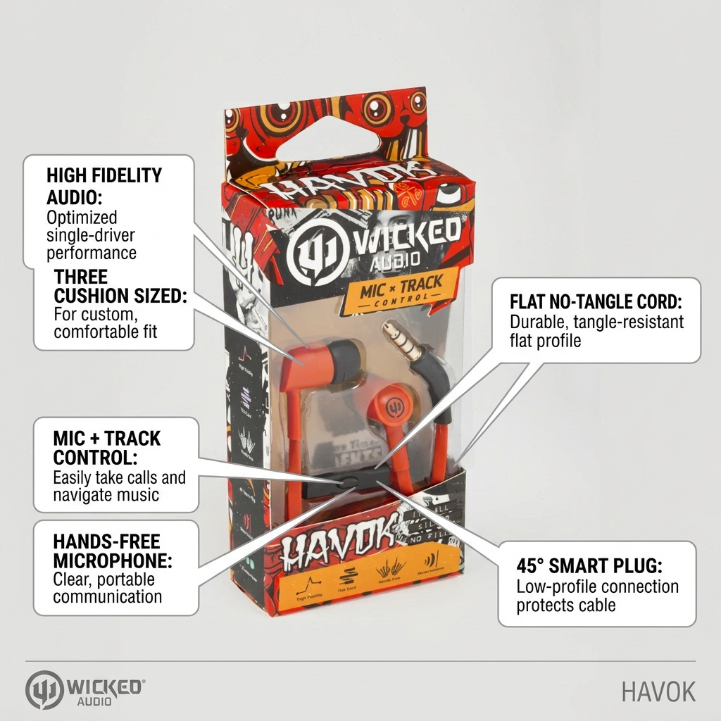 Wicked Audio Havok operational feature callout: inline mic-track controller, flat cord, high fidelity.
