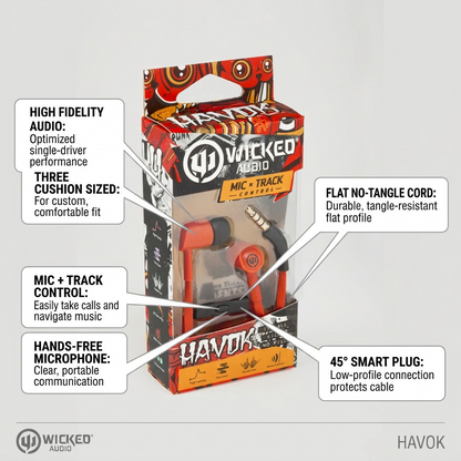 Wicked Audio Havok operational feature callout: inline mic-track controller, flat cord, high fidelity.