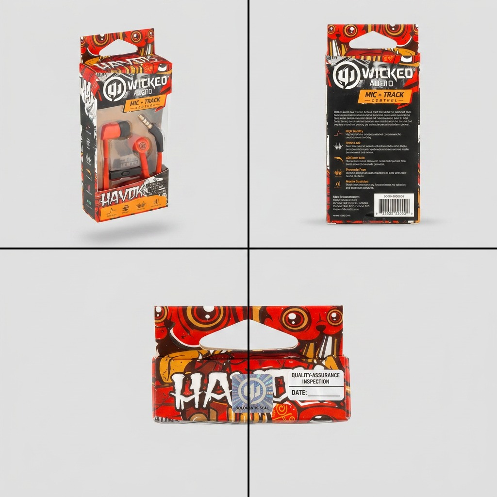 A product matrix showing three distinct angles of the Wicked Audio Havok Cherry earbuds in their packaging, demonstrating front, rear, and top views against a clean grey background.