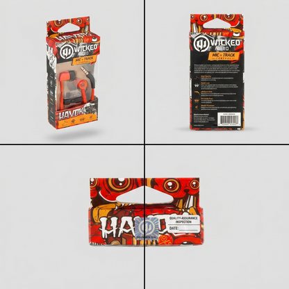 A product matrix showing three distinct angles of the Wicked Audio Havok Cherry earbuds in their packaging, demonstrating front, rear, and top views against a clean grey background.