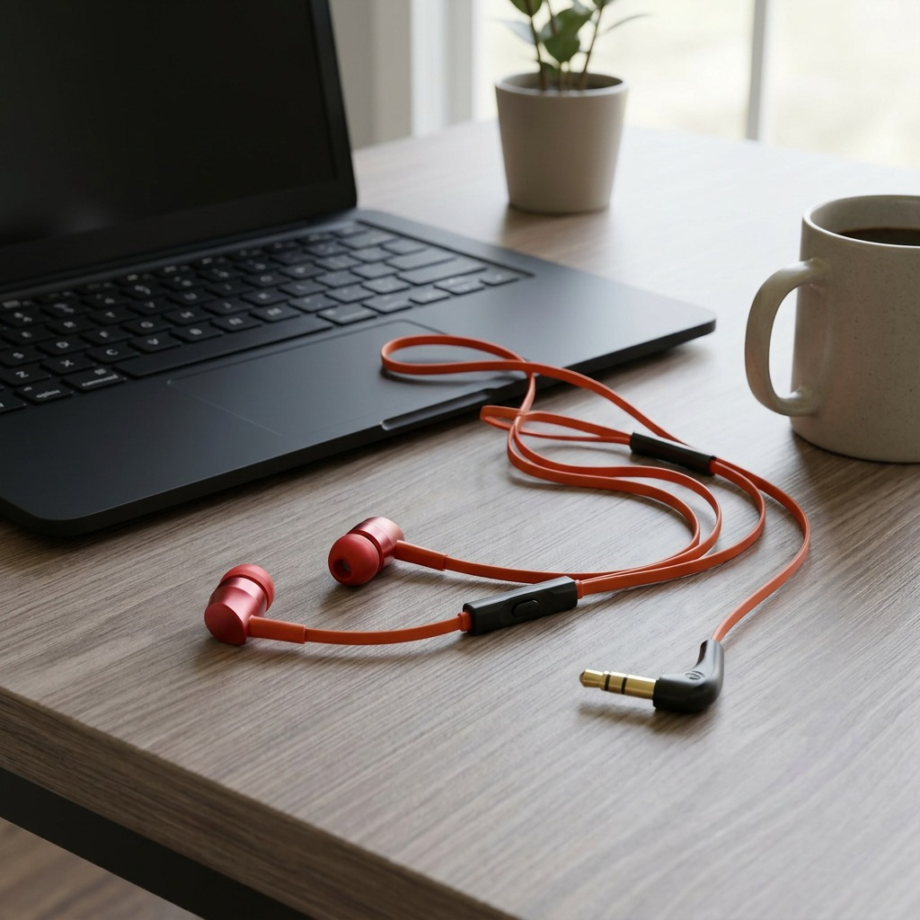 Out-of-box Wicked Audio Havok Earbuds in cherry red, with mic and gold-plated plug, on an office desk.