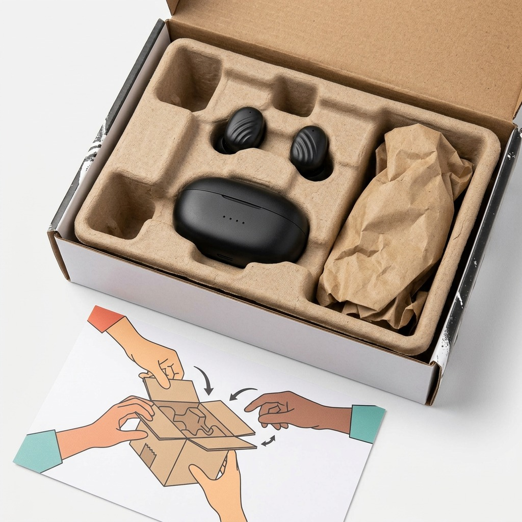 Wicked Audio Mojo 300 unboxing, showing securely cradled earbuds in robust, protective shipping material reducing anxiety.