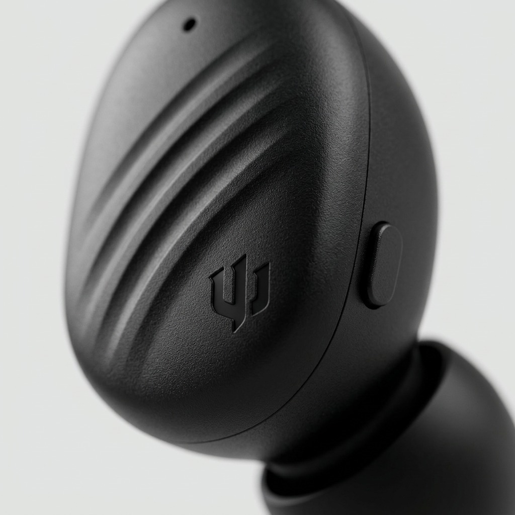 Macro close-up of Wicked Audio Mojo 300 right earbud showing textured faceplate and button.