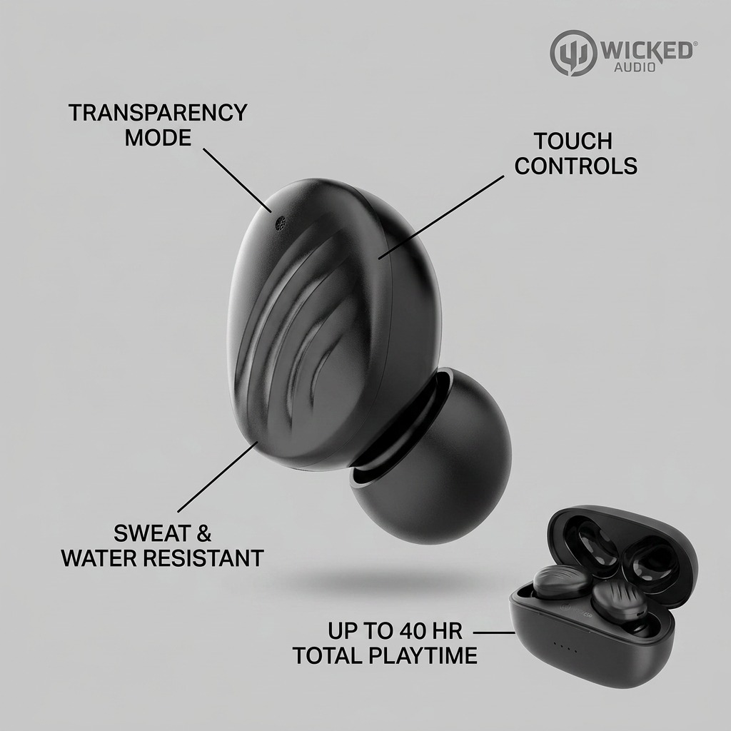 A clean product shot of the Wicked Audio Mojo 300 with key feature callouts.