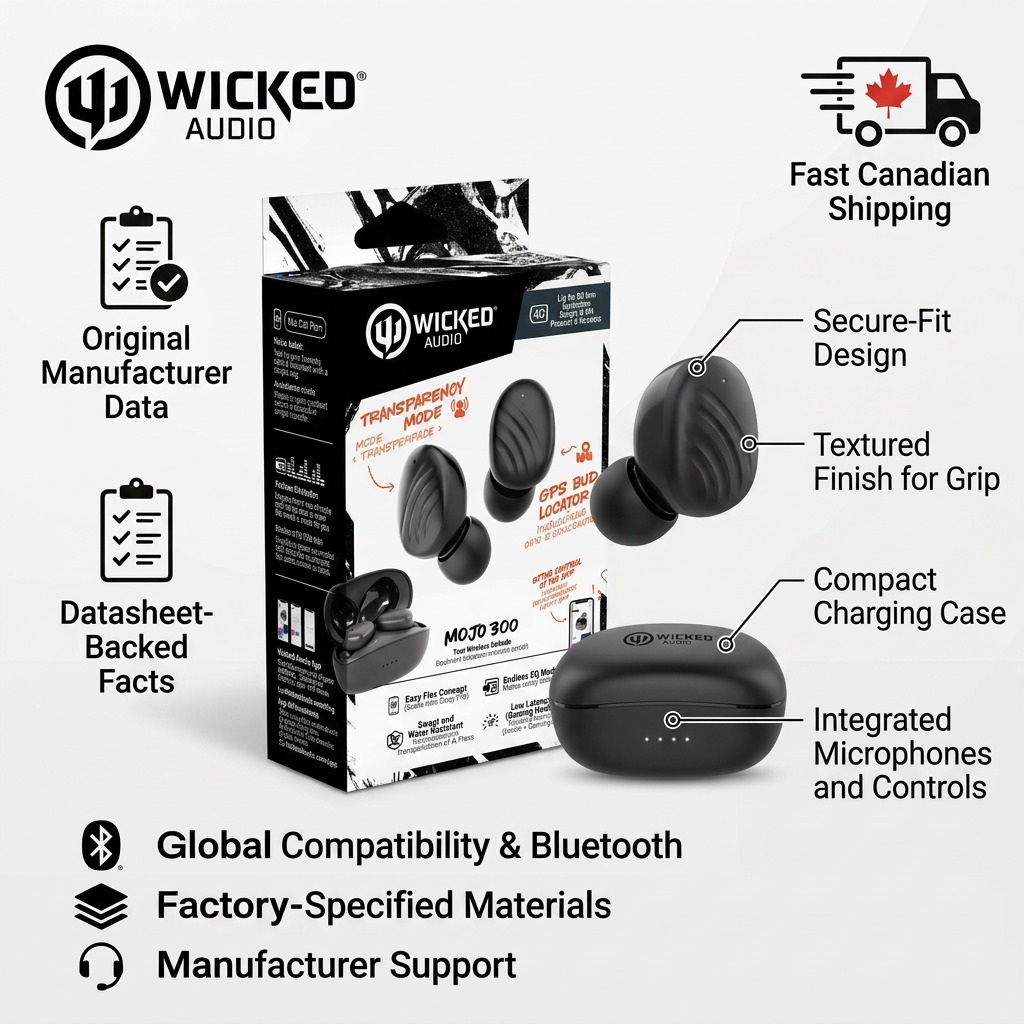 E-commerce visual showing Wicked Audio Mojo 300 earbuds and key product facts.