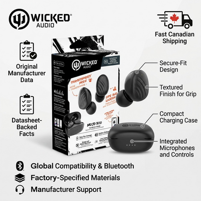 E-commerce visual showing Wicked Audio Mojo 300 earbuds and key product facts.