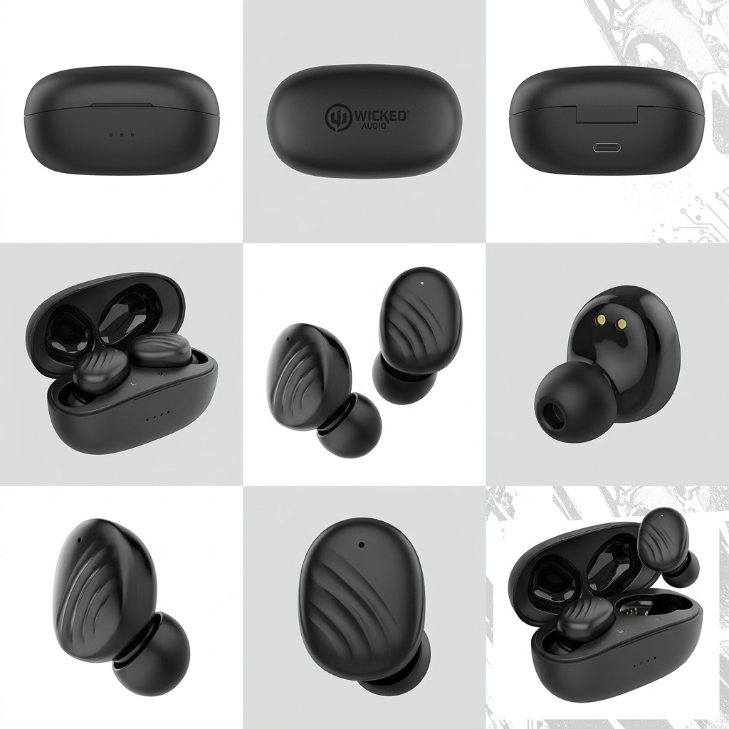 A 3x3 grid showing nine different angles of the clean Wicked Audio Mojo 300 black earbud and its open/closed case.