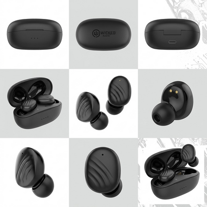 A 3x3 grid showing nine different angles of the clean Wicked Audio Mojo 300 black earbud and its open/closed case.