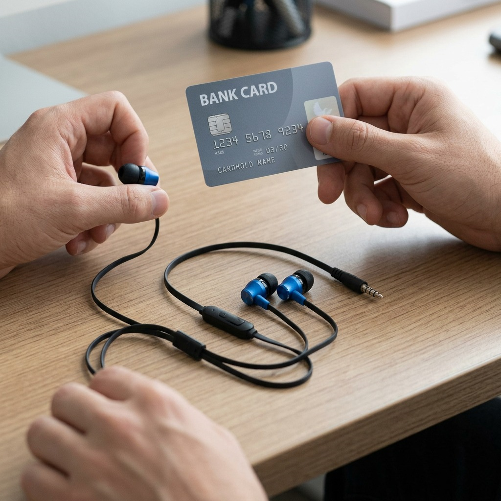 A scale-reference shot showing unboxed Wicked Audio Hiro earbuds next to a human hand on a wooden desk.